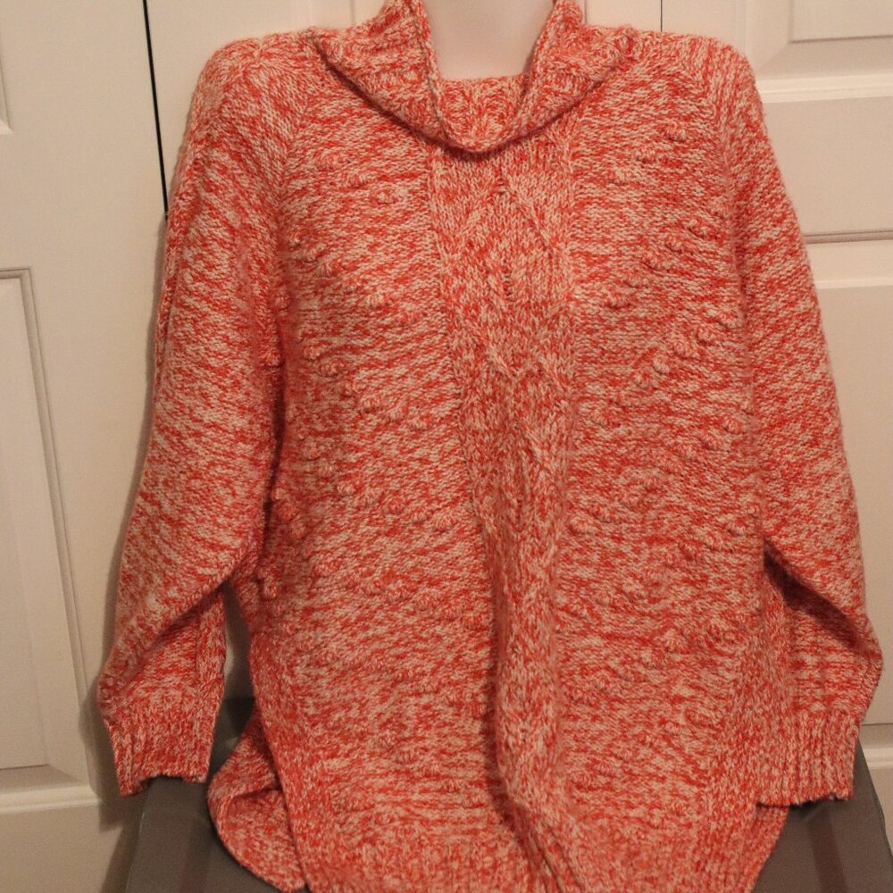 Lucky Brand Long Sleeve Tunic Length Cowl Neck Orange/White Sweater Size Large